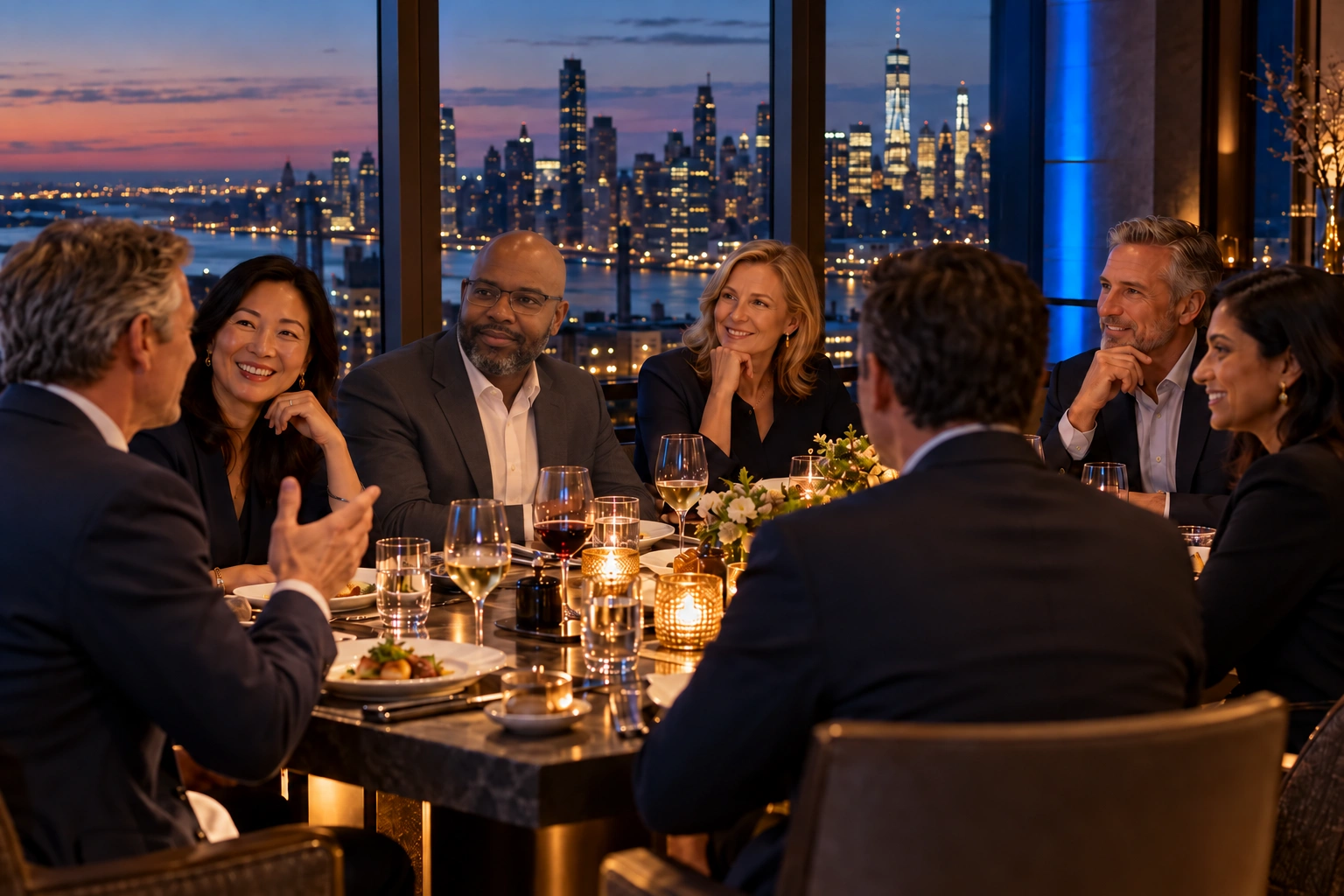 Illustrative executive dinner overlooking New York City